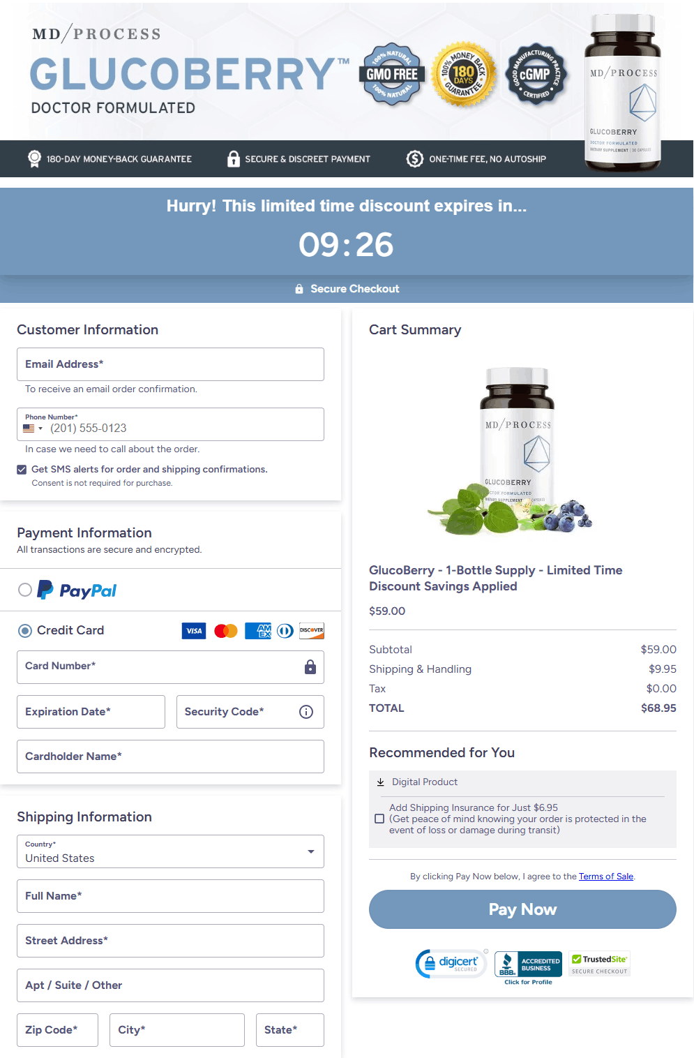 GlucoBerry Checkout page